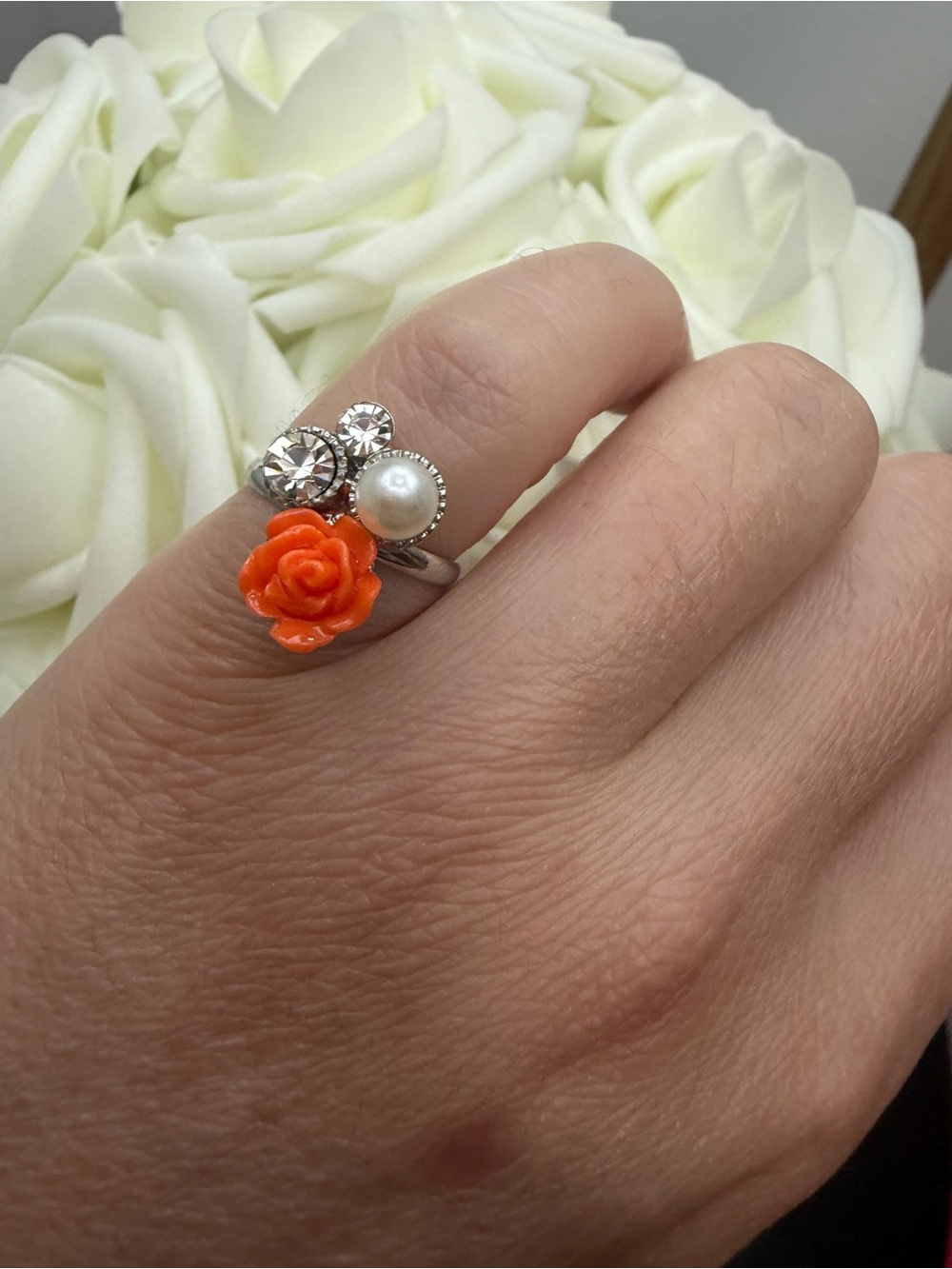 Silver tone Cocktail Ring with Orange Rose, Pearl & Crystal Accents